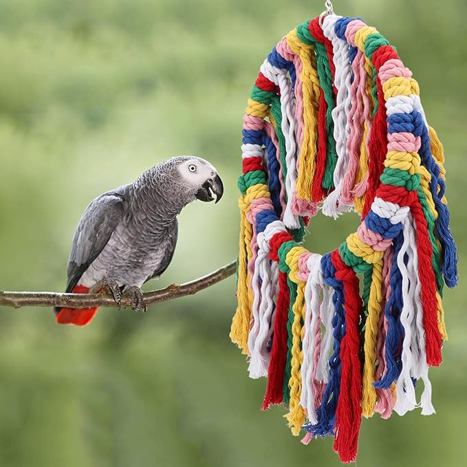 Wontee Bird Rope Chewing Toys Parrot Cage Bite Toys Colorful Hanging Ring Swing Perch for Cockatiel Conure Quaker African Grey Amazon Parrots