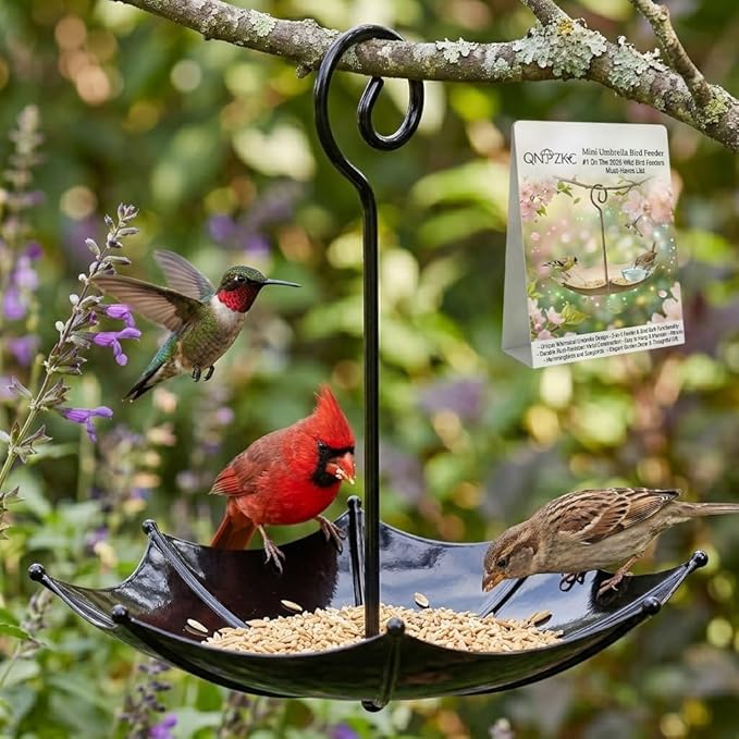Mini Umbrella Bird Feeder Whimsical Garden Charm Hummingbird Feeders Station for Outdoors Hanging Metal Tray Birds Bath Waterer Shade Cover Garden Gifts for Wild Patio Yard Tree Decor