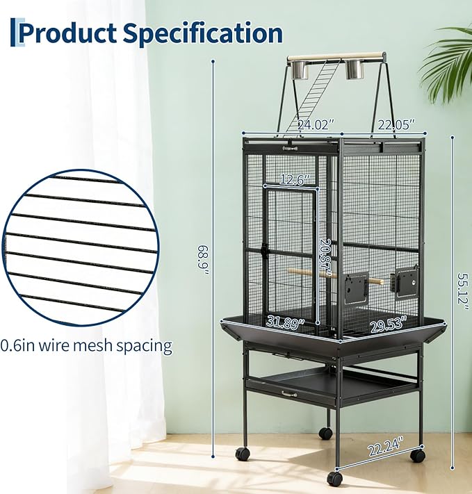 GarveeHome 69" H Bird Cage, Metal Birdcage with Play Top, Rolling Stands, Feed Bowls, Wide Tall Parakeet Cage for Parrots, Conures, Cockatiel, Cockatoo, Black