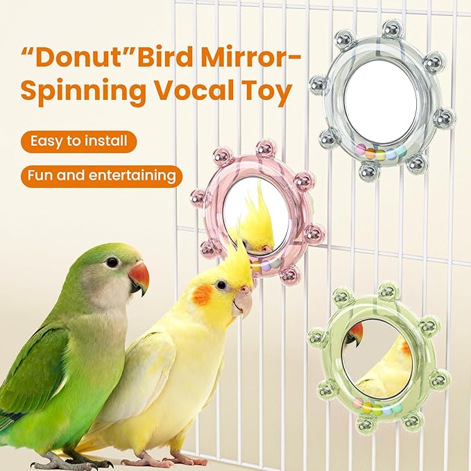 Bird Mirror Toys for Cage,Parakeet Rotating Sound Wheel Toy,Budgie Training Colorful Interactive Chew Toys for Canaries Lovebirds Conures Cockatiels cage Accessories (2, Green)