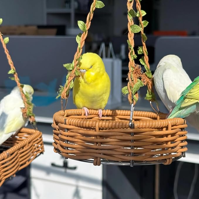Hanging Rattan Bird Nest for Cage, Bird-Safe Vine Swing Perch with Leaves, Washable Chew-Proof Hammock Nest for Lovebird Cockatiel Budgie Conure, Cage Decoration & Rest Toy for Small Birds(Round)