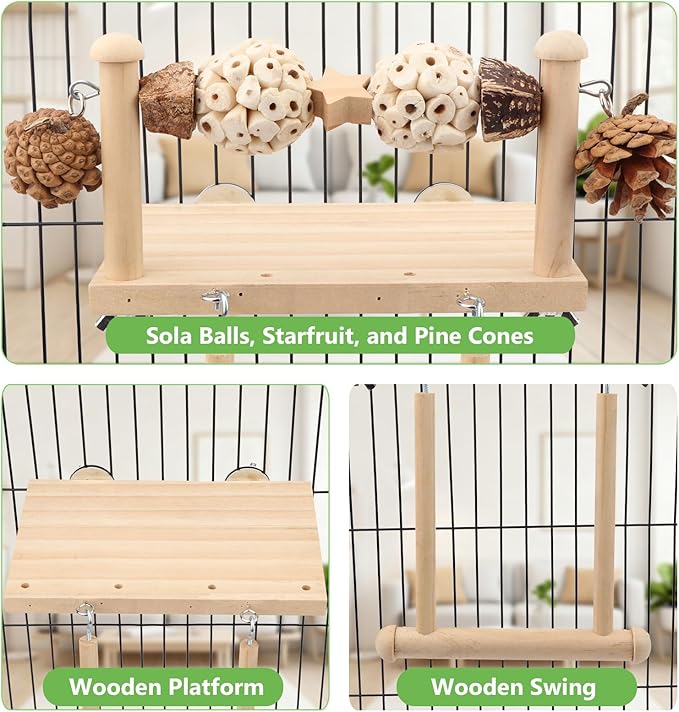 Litewoo Bird Perch Wooden Platform Bird Swing Chew Toys Play Gyms Exercise Stands Hanging Parrot Swinging Perches Conure Cage Accessories for Parrot Parakeet Conure Lovebirds Budgie (Two Sola Balls)