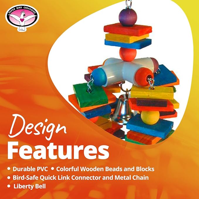 Super Bird Creations - SB440 4 Way Play Bird Toy - Colorful Wooden Blocks, Ringing Bell, and Bird Swing - Perfect Chew Toys for Mini Macaws, Parrots and African Greys - Ideal for Large Birds