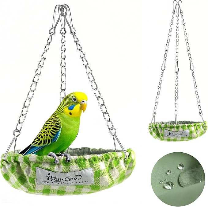 EIODEAR Waterproof Bird Bed with Adjustable Chain, Customizable Height Hanging Bird Hammock for Cage, Small Size Bird Nest with Durable Non-Collapsible Bottom, Bird Hut for Conures, Budgies (Green)