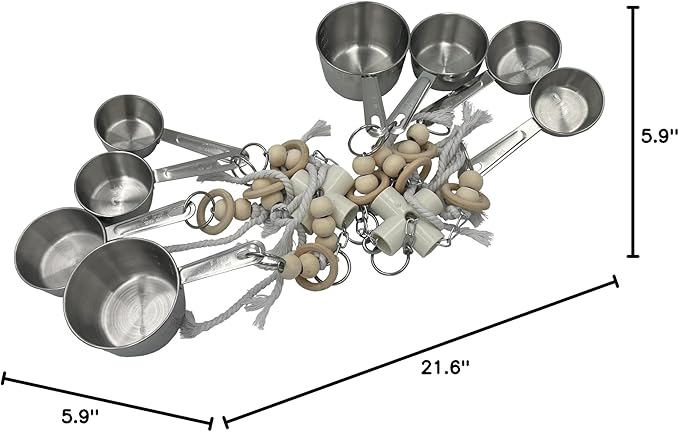 Durable Stainless Steel Pots & Wooden Beads Parrot Toys - Pullable 8 Metallic Cups & 8 Natural Dye-Free Rings for Large & Extra Large Parrots Macaws Amazons African Greys Cockatoos Eclectus