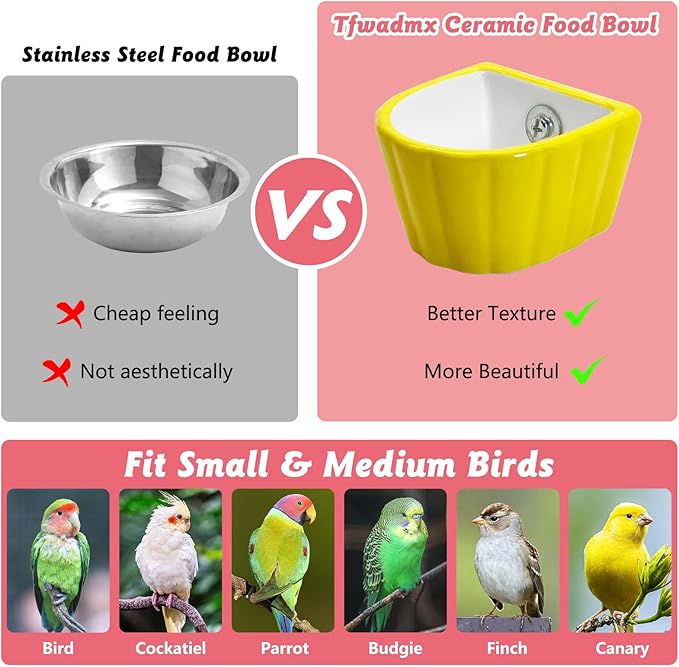 Tfwadmx 2 Pcs Bird Cage Feeder Ceramic Pet Bird Bowls Parrot Feeding Dish Hanging Parrot Food Bowl for Budgie Finches Lovebirds Parakeet Cockatiels (Yellow & Pink)