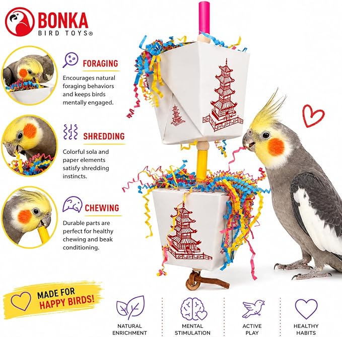 Bonka Bird Toys 3874 Duo Take Out Small Medium Bird Toy Oyster Pail Treat Box Foraging Paper Chew Shred Cockatiel Parakeet Conures and Other Similar Birds