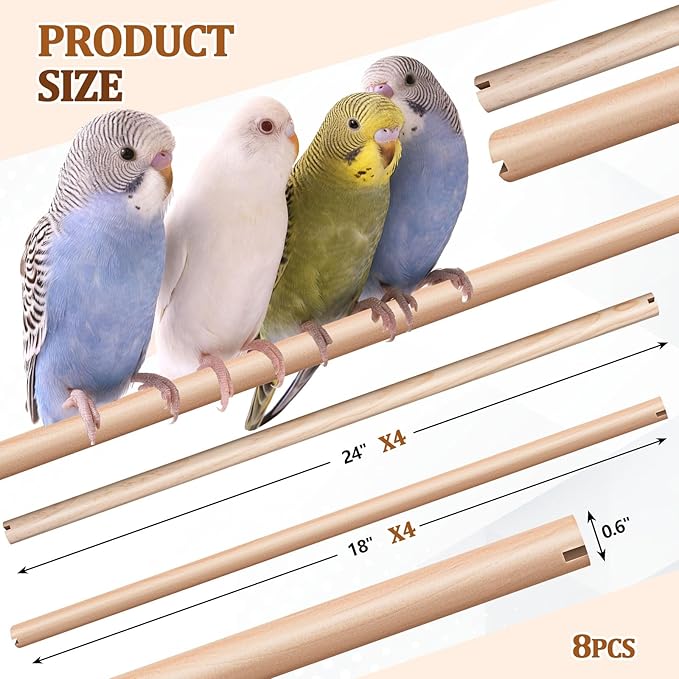 Sintuff 8 Pcs Bird Perches for Cage Accessories, Wooden Perch Rods Replacement with Double Head Slots, 0.6 Inch Diameter Natural Wood Stand for Parrot Macaw Cockatoo Parakeet (18 Inches,24 Inches)