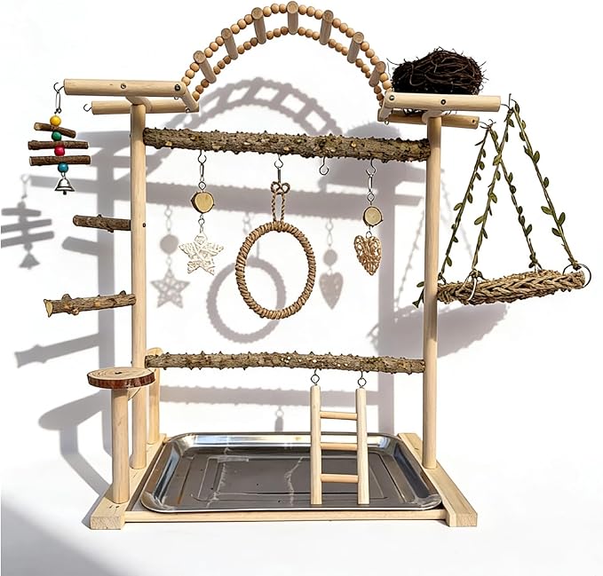 Multi-Level Bird Play Stand with Rope & Bell Toys | Natural Wooden Parrot Play Stand with Ladder & Swing | Ideal for Small to Medium Birds | Great for Cockatiels & Parakeets