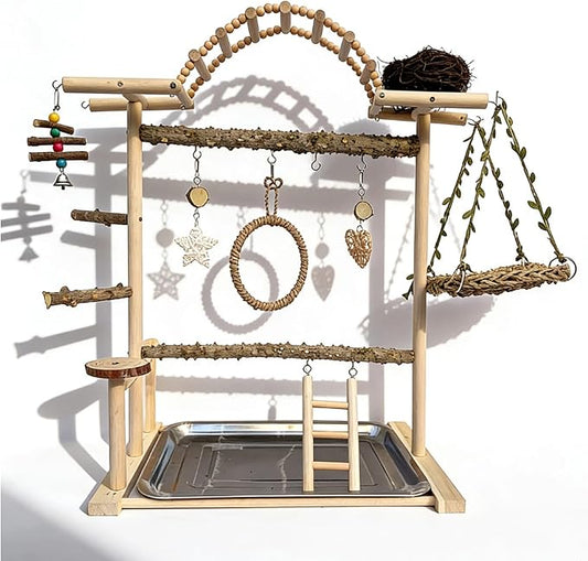 Multi-Level Bird Play Stand with Rope & Bell Toys | Natural Wooden Parrot Play Stand with Ladder & Swing | Ideal for Small to Medium Birds | Great for Cockatiels & Parakeets