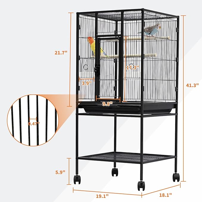 Garvee Large Bird Cage, 40.5" H Big Bird Cage with Stand for Parakeets Parrots Conures Lovebird Cockatiel Black