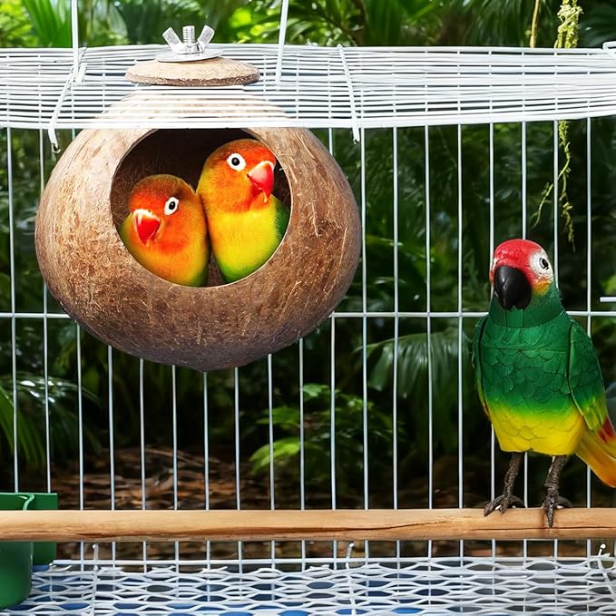 POPETPOP Natural Coconut Fiber Hanging Birdhouse for Cage - Coconut Shell Pet Bird Nest, Hanging Bird Breeding Nest for Parrot Parakeet Lovebird Finch Canary