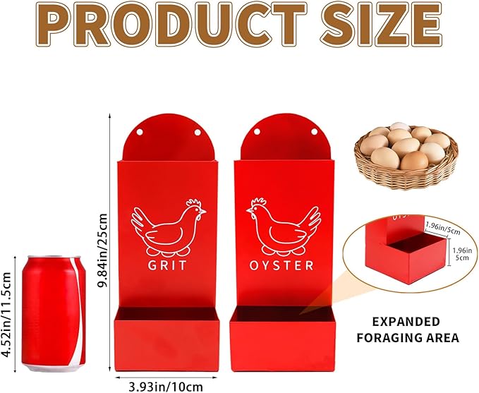 Chicken Coop Accessories, 2 Pack Red Metal Grit and Oyster Shell Feeder with Screw and Plastic Cable Tie, Chicken Feeder for Hen, Duck, Geese, Turkey and Other All Poultry