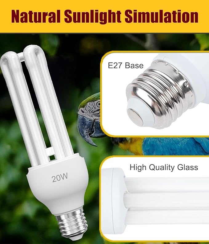 KINGYEENUO Bird Cage Light Fixture Combo Kit, Clip Lamp with Wooden Plywood & 2.4 UVB UVA 20W Compact Fluorescent Bulb, E26 Base UVB Light Combo for All Kinds of Captive Birds