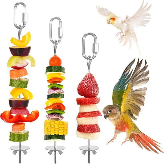 Parrot Fruit Vegetable Skewer, Bird Cage Food Holder, 3PCS Parrot Fruit Stick Feeder Stainless Steel Bird Cage Feeder Foraging Toy with Hook for Parakeet Budgie Macaw (5.98/7.87/9.84 Inch)