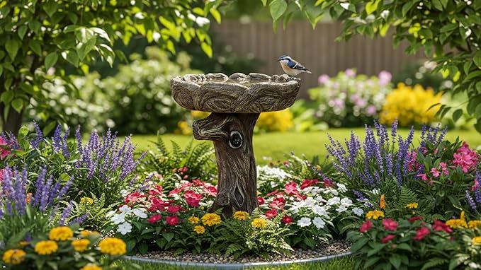 SunJet 23 Inch High Wood-Look Concrete Bird Bath with Decorative Faux Bird – Birdbath Rustic & Long-Lasting Design, Enhances Garden, Patio, Yard, Lawn Decor