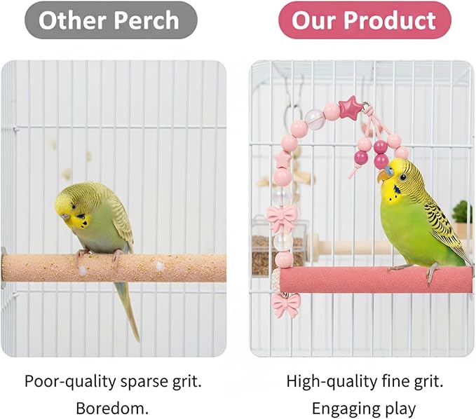 Bird Parrot Perch with Beads and Bow Chew Toy,Cage Platform Toy and Exercise Accessories for Budgies Parakeets Cockatiels Conures and Lovebirds (Pink)