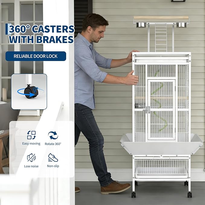 GarveeHome 60" h Bird Cage, Parakeet Cage with Playtop, Bird Rope Perche, Feed Bowls, White Parrot Cage for Parakeets, Conures, Cockatiel, Cockatoo