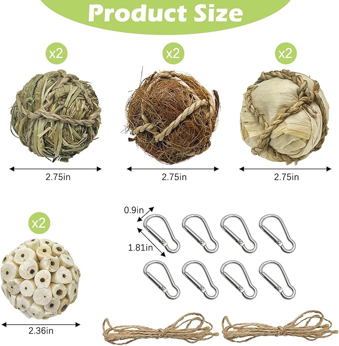 BNOSDM 8PCS Natural Bird Chew Toys Lightweight Conure Foot Toy Sola Balls Shred Toy Interactive Parrot Foraging Toys Bird Chew Balls with Hemp Rope Hook for Budgies Cockatiels Parakeets Senegal