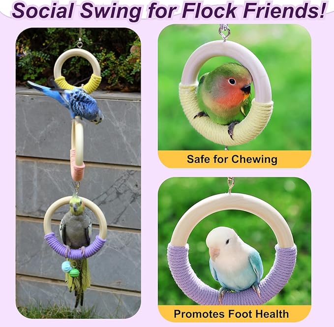 3-Ring Bird Wooden Swing with Bell Climbing Toy Chewable Cotton Rope Perch for Cage Cockatiels Budgies Parakeets Lovebirds 17 Inch