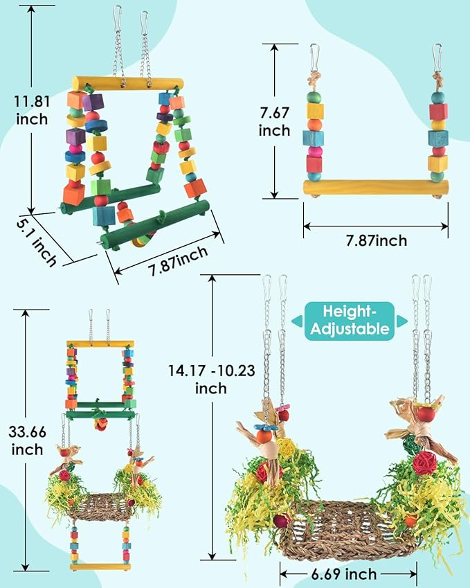 DBNESS Bird Hammock Toys Parakeet Perches Swing, 3in1 Detachable Parrot Cage Accessories, Wooden Hanging Chew Toys for Medium Conure Cockatiel Quaker Lory