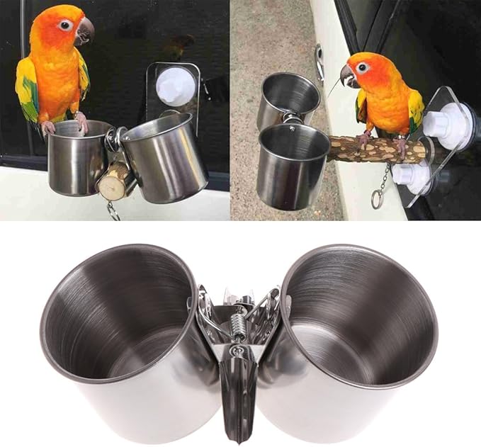 Youngy Food Water Feeding Bird Double Cups with Clip Stainless Steel Parrot Cage Stand - L