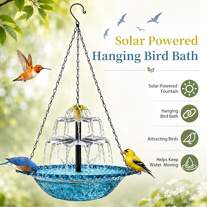 Solar Cascade Hanging Bird Bath Fountain, Large Plastic Bowl with Hanging Chain for Outside Garden Patio and Yard Decor (Blue)