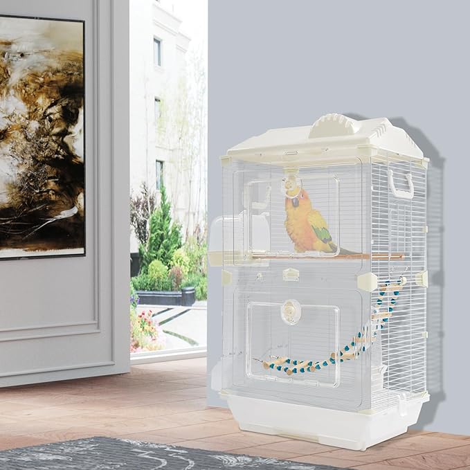 2-Door Wrought Iron Bird Cage Parakeet Cage with Roof & Handles, 28" H Parrot Cage Pet Birds Flight Cage, Interactive Birdcages Bird House Travel Cages for 1-3 Birds (Transparent)