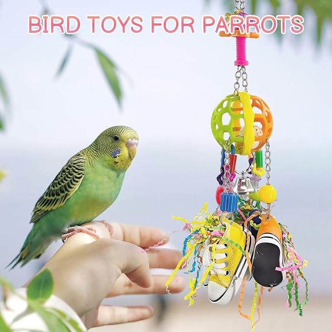 Bird Toys, Interactive Chew Toy, Pullable Colorful Sneakers & Acrylic Sticks for Moderate-Sized Parrots Like Quaker Parrot, Caique, Senegal Parrot and Small Parrots Like Cockatiels, Lovebirds