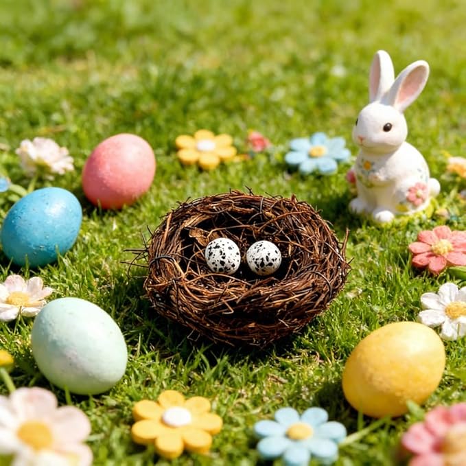 Birds Nest with Eggs Easter Rattan Nest Decorating, Mini Artificial Birds Nest for Easter Crafts Home Garden Decor Wedding Party (4 Inches)