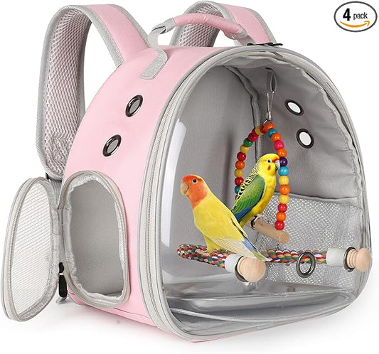 Portable Parrot Travel Cage Carrier with Small Swing Toy&Cage Colorful Toys Set Small Bird Parakeet Bag with Standing Perch Bird Carry Transport Bag (Pink, Backpack/Swing)