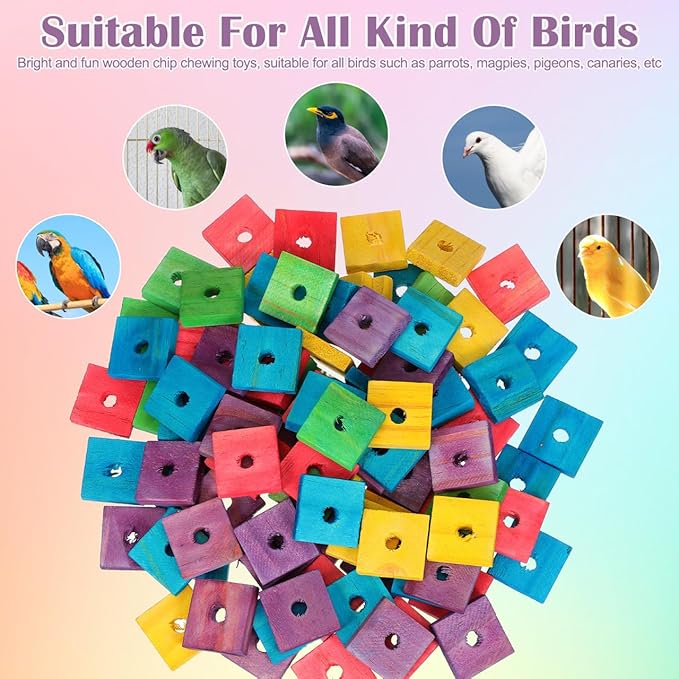 NOLITOY 100Pcs Wooden Parrot Chewing Toy Blocks with Hole Bird Bite Toy for Cockatiels Parakeets Macaws African Grey DIY Wood Chip Design for Pet Entertainment and Skill Development