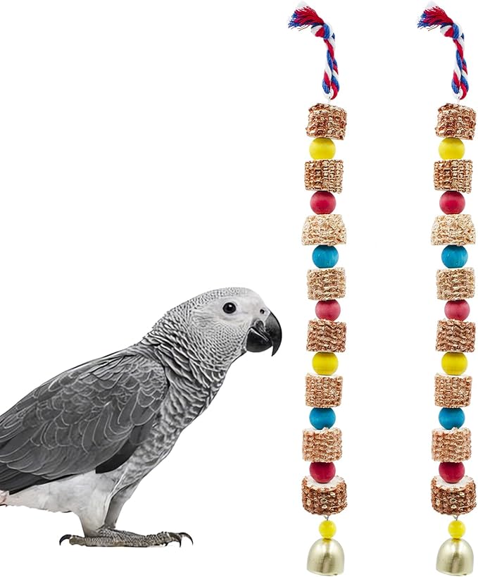 2 Pack Chew Toys for Birds, Parrot Toys with Colorful Beads Natural Corn Cob and Metal Bell, Bird Toys, Cage Accessories for Budgies, Cockatiels, Lovebirds, Green Cheeks, Small to Medium Birds