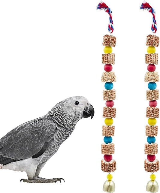 2 Pack Chew Toys for Birds, Parrot Toys with Colorful Beads Natural Corn Cob and Metal Bell, Bird Toys, Cage Accessories for Budgies, Cockatiels, Lovebirds, Green Cheeks, Small to Medium Birds