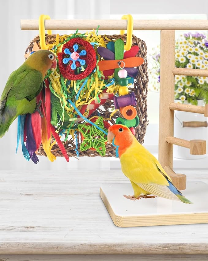 ERKOON Cockatiel Toys, Budgie Toys Foraging Toy Hanging Bird Toy for Lovebrid Parakeets Conures Parrot Foraging Wall with Colorful for Birds Shredding Seagrass, Birds Cage Accessories-2 Pack