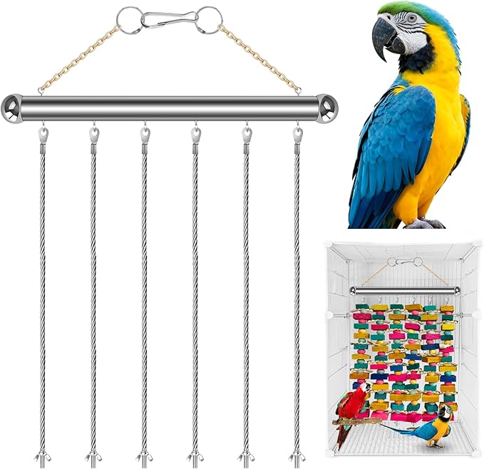 Stainless Steel Parrot Toy Hanging Rack, Large Bird Toy Stand with 6 Hanging Cables & Swivel Hooks, Chew Toy Holder for Macaws, Cockatoos, African Greys, Bird Cage Accessory for DIY Toy