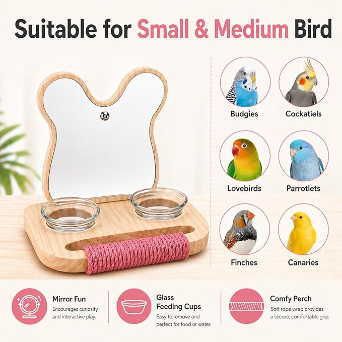Bird Mirror with Perch and Feeder, Wooden Birds Toys Bird Cage Accessories for Parrots to Expend Energy, Interactive Toys for Greys Amazons Parakeet Cockatiel Conure Lovebirds Finch Canaries