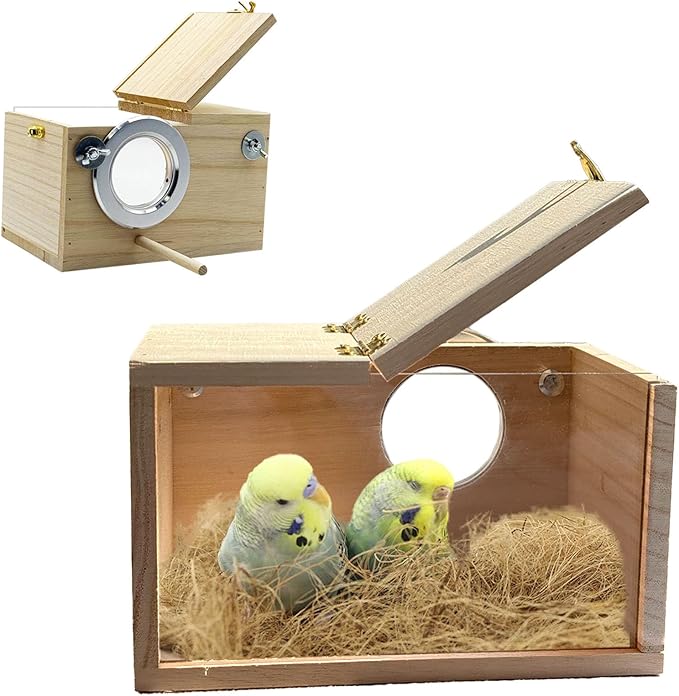 Parakeet Nesting Box, 7.87 X 4.72 X 4.72 inch Transparent Bird Nest Breeding Box with Perch Parrot Mating Box Wood Bird House Aviary for cage (S Horizontal Transparent+Wood)