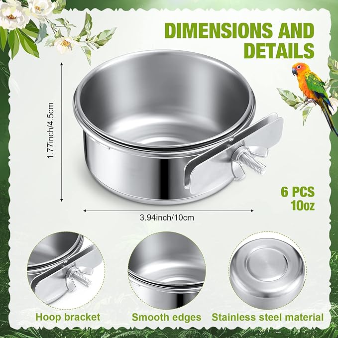 Sabary 6 Pack Bird Feeding Bowls Cups, Parrot Food Water Dishes Stainless Steel Bird Food Bowls with Clamp 10oz Birds Water Feeder for Parakeet Conure Cockatiel Lovebird Budgie Chinchilla Small Animal