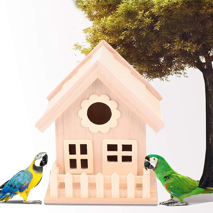Milisten Wooden Bird Nest Ornament with Double Window Wide Entrance Unfinished DIY Painting Craft Bird House for Outdoor Garden Small Birds Bed Hut 6.88X5.51X5.11In