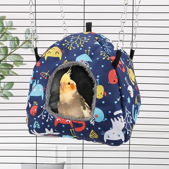 Wontee Bird Plush Hammock Parrot Hanging Snuggle Cave Happy Hut Tent for Parakeet Cockatiel Conure Lovebird Budgie Hamster Gerbil Rat Chinchilla Squirrel Cage (M, Blue Cat)