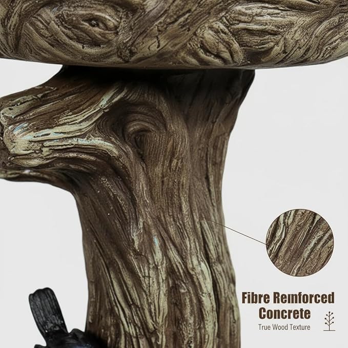SunJet 23 Inch High Wood-Look Concrete Bird Bath with Decorative Faux Bird – Birdbath Rustic & Long-Lasting Design, Enhances Garden, Patio, Yard, Lawn Decor