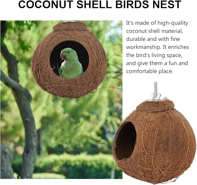 Balacoo Coconut Shell Parrot Nest Toy - Interactive Biting Plaything for Parakeets, Cockatiels, and Small Birds - Hanging Birdhouse(6.69 Inch)