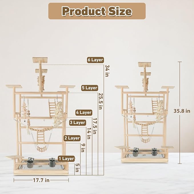 VELVETPAW Bird Playground – 7-Level Natural Wood Parrot Playstand with Feeders & Toys, Modular Two-Tier Bird Play Gym, Detachable Top Tabletop Stand & Detachable Top Tabletop Stand