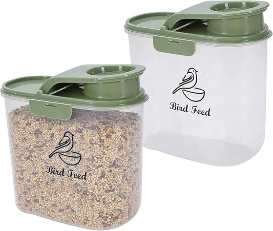 2.1 Qt/2 L Bird Seed Storage Container with Flip Lid & Pour Spout, 2 Pcs Airtight Bird Food Container with Scale for Sunflower Seeds, Portable Travel Kibble Storage Dispenser for Small Animal
