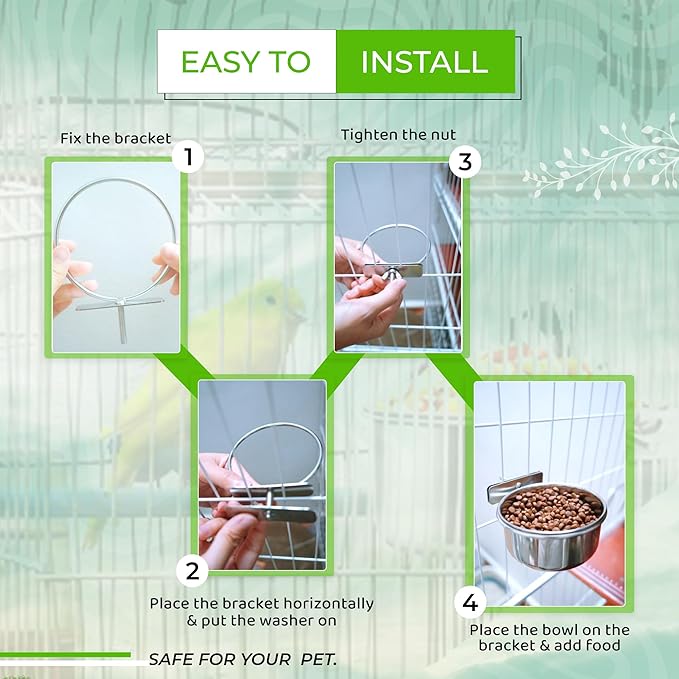 2pcs Bird Cage Feeder Stainless Steel, 10 * 5cm Bird Water & Food Bowl, Durable Bird Cage Accessories, Includes Round Wooden Perch, Bird Feeder Spoon & Water Spout, for Parrots & Small Birds