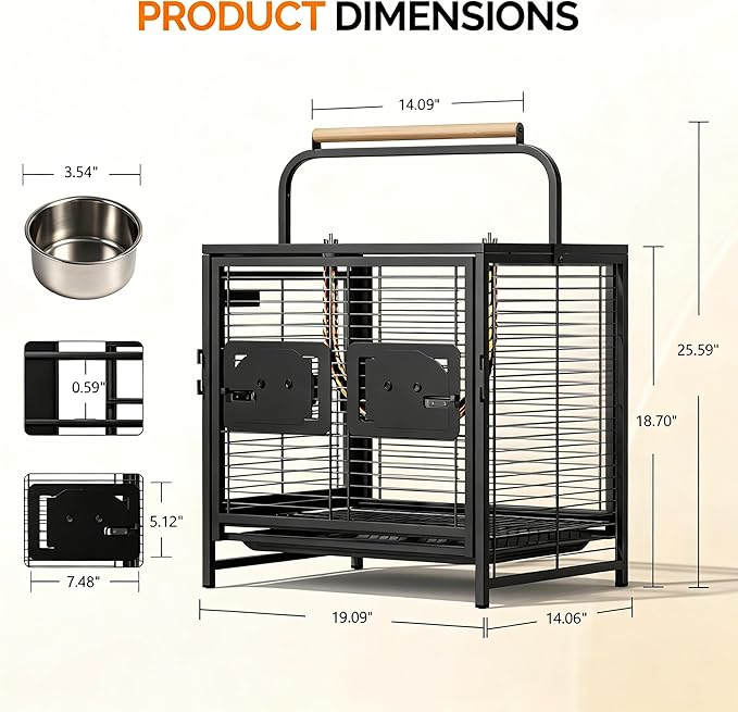 VINGLI Small Bird Cage, 25 inch Travel Carrier Bird Cage with Handle, Wrought Iron Parakeet Cage with Wooden Perch for Parrot Lovebirds Finches Small/Medium Birds (Matte Black)