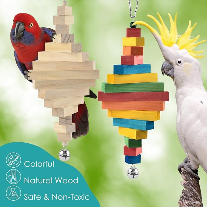DBNESS 2 Pcs Bird Toys, 15.94in Large Parrot Foraging Toys for Beak Grinding, Wooden Block Bird Chewing Toys for Macaws Eclectus Cockatoo African Greys Amazon Parrots