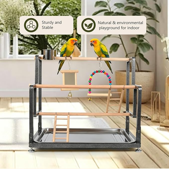 halinfer Bird Playground for Indoor Use, Table Collapsible Bird Playstand for Top of Cage, Mirrow Swing Cups 2 Ladders for Small to Medium Size of Cockatiel Parakeet Conure (Wood Ladder)