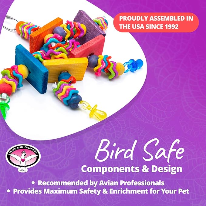 Super Bird Creations SB736 Wiggles and Wafers Bird Toy - Interactive Enrichment for Conures, Quakers, Caiques, Pionus, Senegals - Wooden, Acrylic Beads, Pacifiers - Medium Bird Size, 3” x 5” x 9”